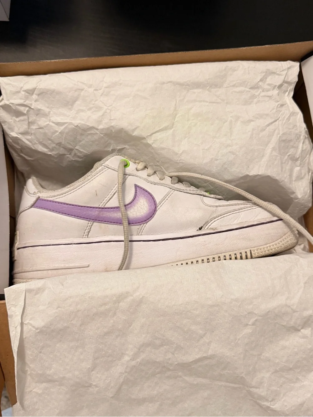 Nike White Air force 1’s with Neon Lime and Light Purple Swoosh